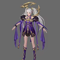 Elegant Game Movie Character With White Long Hair Twin Ponytails And Purple Gold Flowing Outfit