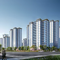 Modern High Rise Residential Buildings With Lush Greenery And Road Surroundings