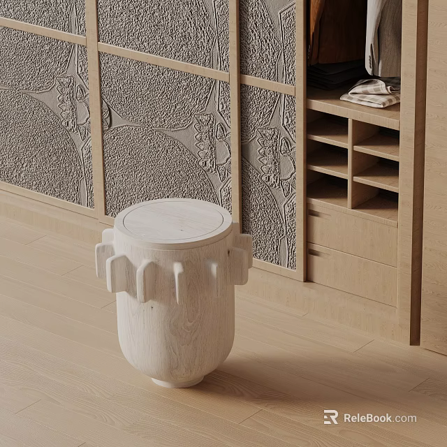 White Drum Shaped Side Table With Wooden Texture By Decorative Wall Panels And Cabinet 3d model 