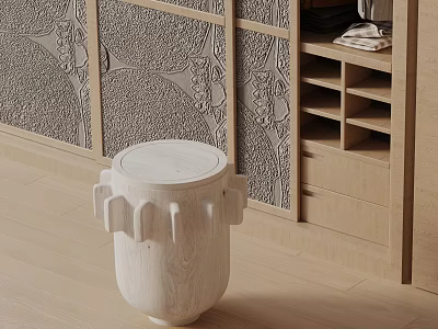 White Drum Shaped Side Table With Wooden Texture By Decorative Wall Panels And Cabinet 3d model