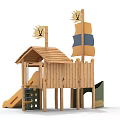 Outdoor Wooden Playground Equipment With Slide Playhouse Flags And Colorful Dots