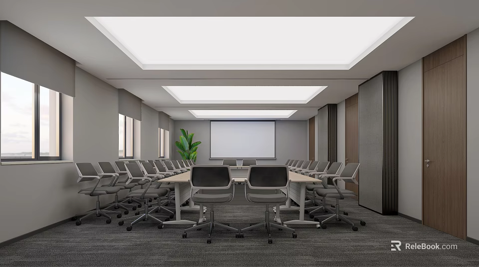 Modern Conference Room Interior With Long Table Wheeled Chairs Projection Screen And Green Plant 3d model 