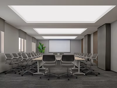 Modern Conference Room Interior With Long Table Wheeled Chairs Projection Screen And Green Plant 3d model
