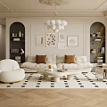 Elegant Living Room Interior With Beige Sofa Round White Chandelier And Black White Geometric Rug