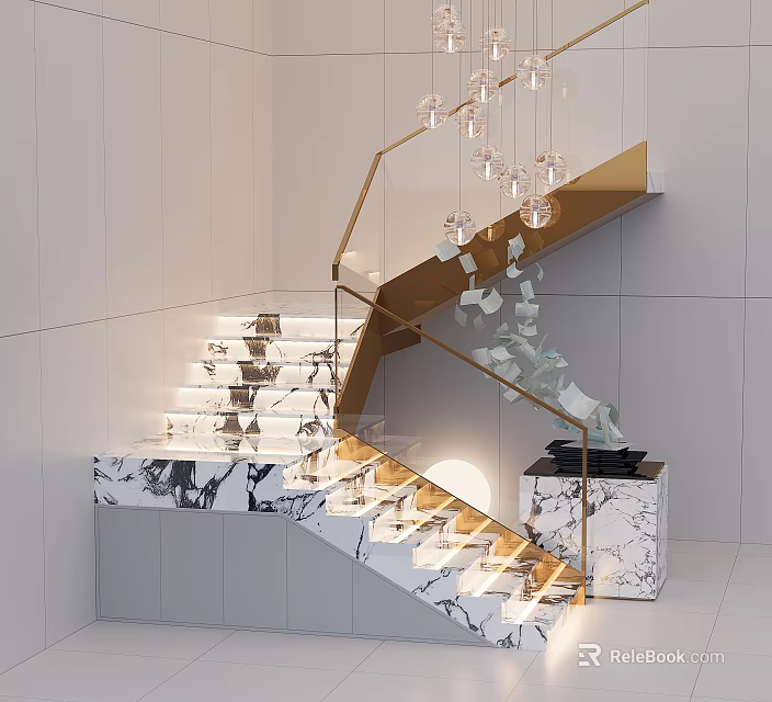 Black White Marble Staircase With Golden Railing Lit Steps And Glass Chandelier In Modern Interior 3d model 