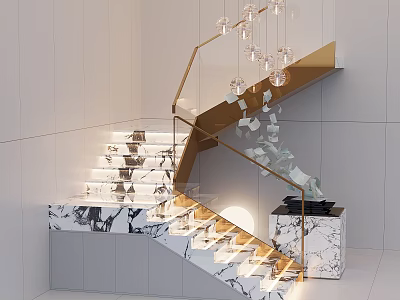 Black White Marble Staircase With Golden Railing Lit Steps And Glass Chandelier In Modern Interior 3d model