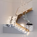 Black White Marble Staircase With Golden Railing Lit Steps And Glass Chandelier In Modern Interior