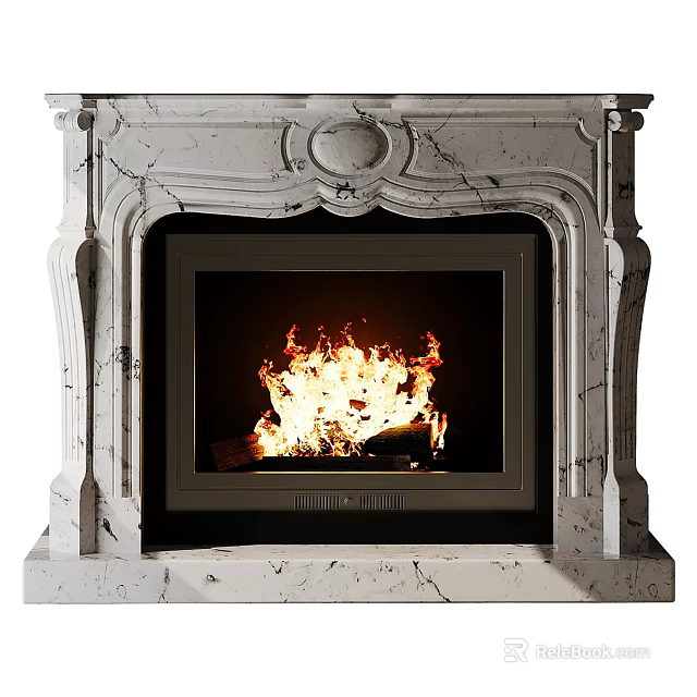 Classic Marble Fireplace Interior with Ornate Carving and Burning Flames 3d model
