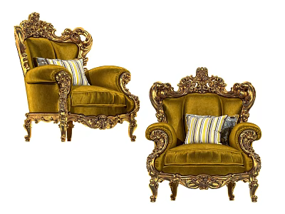 Elegant Luxury Armchair With Golden Carved Frame And Yellow Velvet Fabric 3d model