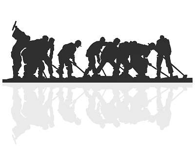 Group of Workers Silhouettes Holding Tools Bending to Work with Reflections on White Background 3d model