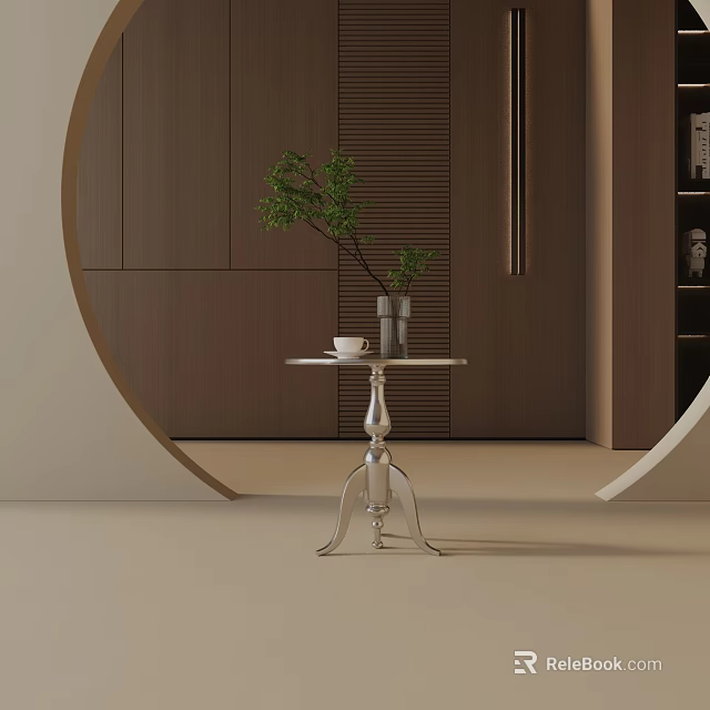 Modern Side Table with Metallic Stand and Green Plant in Vase for Contemporary Interior Decor 3d model 