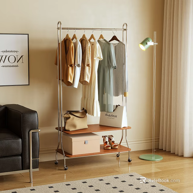 Clothes Rack With Hanging Clothes Handbags Shoes And Storage Box In Modern Living Room 3d model 