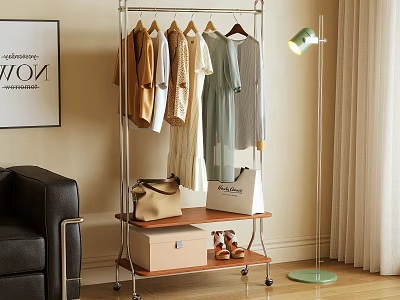 Clothes Rack With Hanging Clothes Handbags Shoes And Storage Box In Modern Living Room 3d model