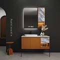 Modern Bathroom Vanity With Orange Cabinet Backlit Mirror And Marble Accents