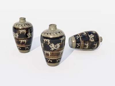 Three Traditional Brown And White Ceramic Vases With Intricate Patterns 3d model
