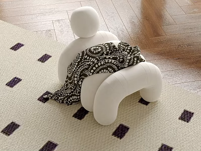 White Sofa Stool With Black And White Patterned Blanket Beige Rug Purple Square Wooden Floor 3d model