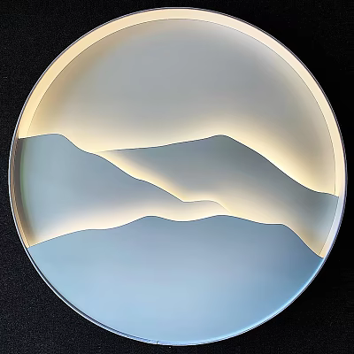 Circular Wall Decor with Mountain Silhouette Illuminated Light Blue White Gradient Modern Home Interior Design 3d model