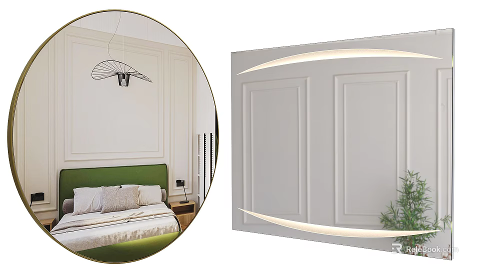 LED Lighted Decorative Mirror with Frame on White Paneled Wall and Green Plant 3d model 