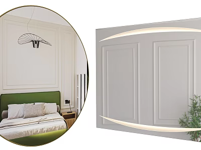 LED Lighted Decorative Mirror with Frame on White Paneled Wall and Green Plant 3d model