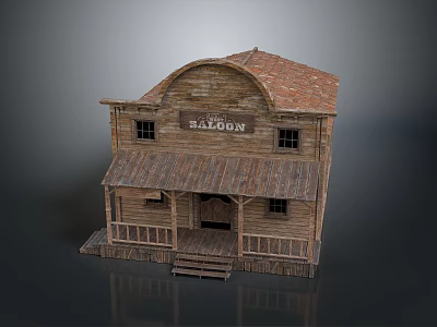 Saloon Background Wall with Wooden Structure Arched Top Red Tiled Roof Signboard Porch and Steps 3d model