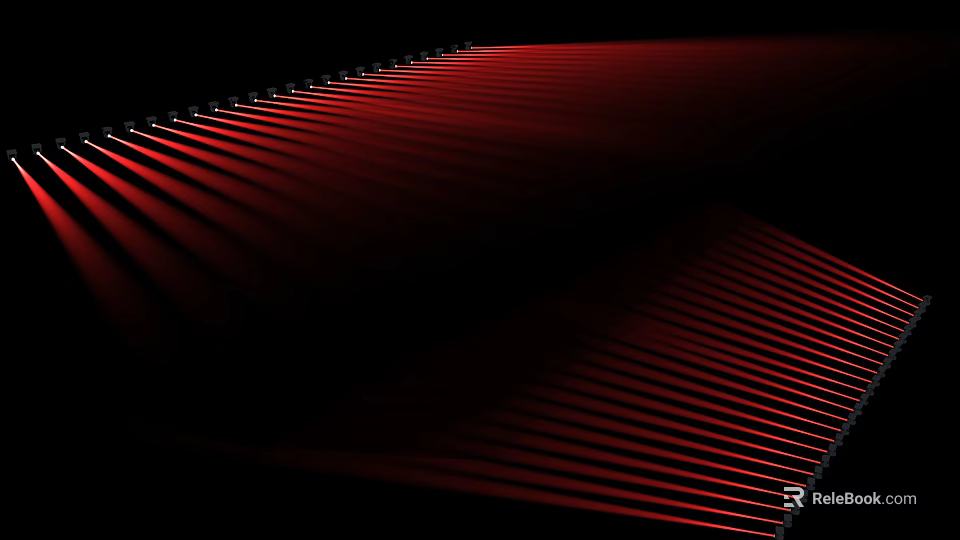 Modern Red Striped Decorative Lights Creating Light Rays On Black Background 3d model 