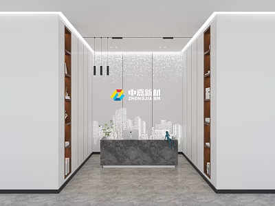 Modern Minimalist Office Reception Desk With Marble Top Brand Logo Wall And Side Storage Shelves 3d model