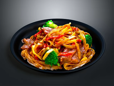 Delicious Stir Fried Noodles With Sliced Meat Broccoli And Red Chili Peppers 3d model