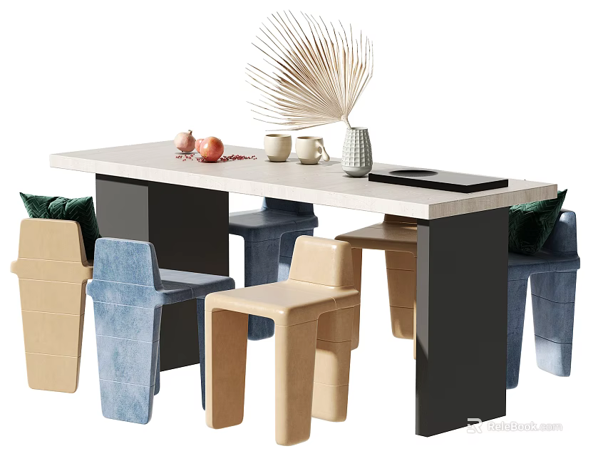 Modern Minimalist Dining Table Set With Light Colored Tabletop And Multicolored Chairs 3d model
