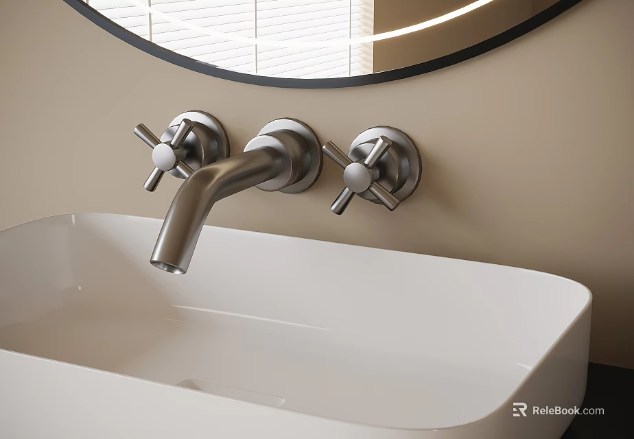 Wall Mounted Silver Faucet Above White Rectangular Sink With Round Mirror On Beige Wall 3d model 