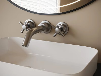 Wall Mounted Silver Faucet Above White Rectangular Sink With Round Mirror On Beige Wall 3d model