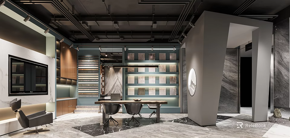 Modern Showroom Interior With Display Shelves Wooden Cabinets And Marble Floor 3d model 