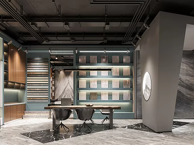 Modern Showroom Interior With Display Shelves Wooden Cabinets And Marble Floor 3d model