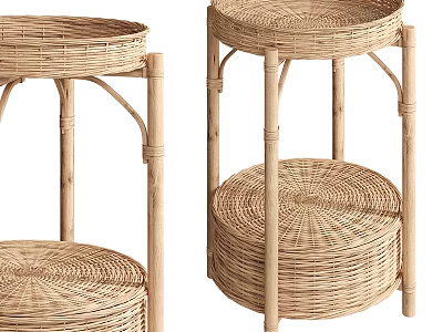 Natural Wicker Tea Table and Chairs with Bamboo Frame Round Design 3d model