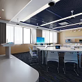 Modern Classroom Interior With Blue Ceiling White Tables Chairs And Screens