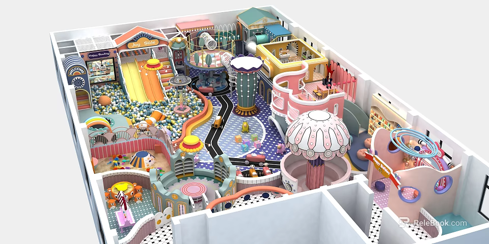 Indoor Playground With Colorful Slides Carousel And Interactive Kids Play Zones 3d model 