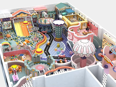 Indoor Playground With Colorful Slides Carousel And Interactive Kids Play Zones 3d model