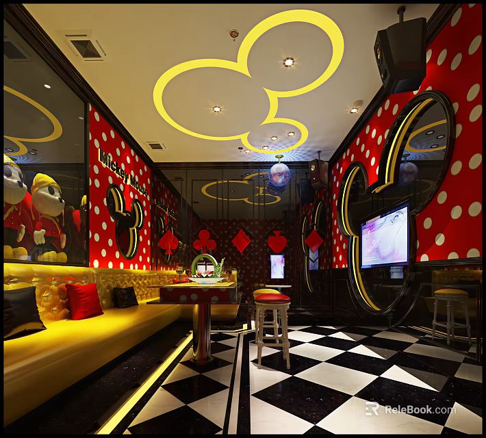 Vibrant KTV Interior With Red Polka Dot Walls Mickey Decor Yellow Sofa TV And Lighting 3d model 
