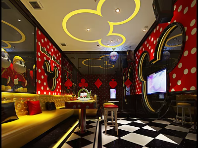 Vibrant KTV Interior With Red Polka Dot Walls Mickey Decor Yellow Sofa TV And Lighting 3d model