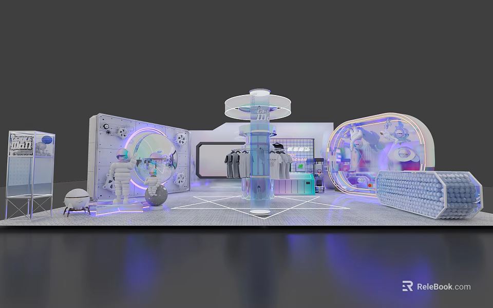 Futuristic Exhibition Space With Modern Design Curved Structures Illuminated Display Stand And Screens 3d model 