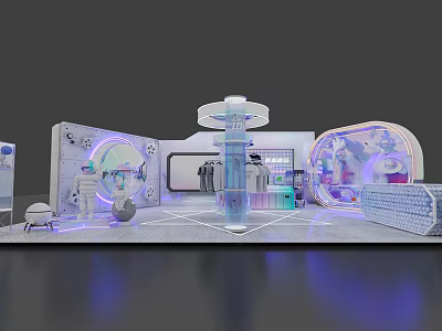 Futuristic Exhibition Space With Modern Design Curved Structures Illuminated Display Stand And Screens 3d model