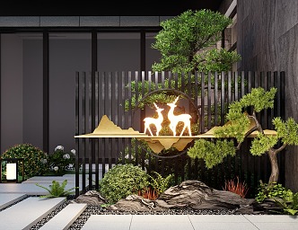 New Chinese Courtyard Landscape Wall Landscape Grille Landscape Wall Landscape Background Wall 3d model