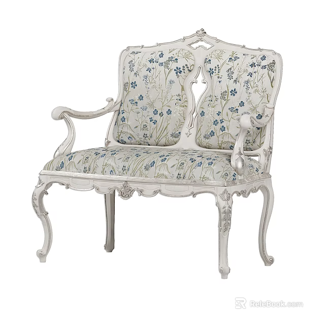 Classic White Frame Two-Seater Sofa With Floral Pattern Upholstery And Carved Armrests 3d model 
