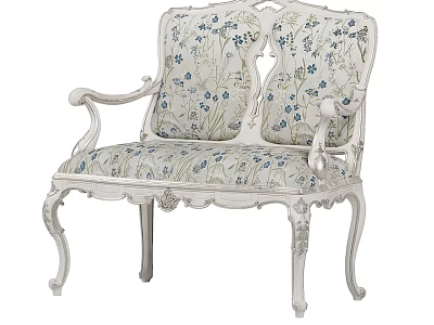 Classic White Frame Two-Seater Sofa With Floral Pattern Upholstery And Carved Armrests 3d model