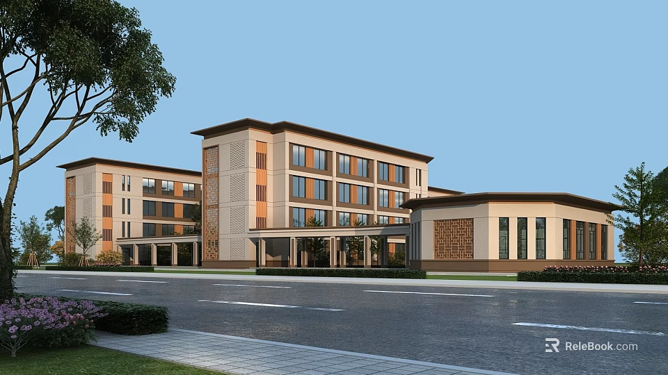 Modern School Building Exterior With Beige Brown Facade Multiple Windows Green Area And Pathway 3d model 