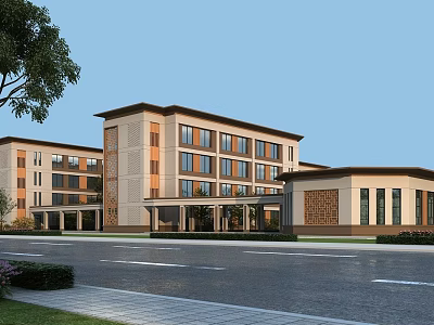 Modern School Building Exterior With Beige Brown Facade Multiple Windows Green Area And Pathway 3d model