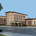 Modern School Building Exterior With Beige Brown Facade Multiple Windows Green Area And Pathway