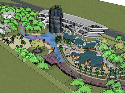 Arbor Trees in Modern Landscape Design with Contemporary Building Water Features and Green Spaces 3d model