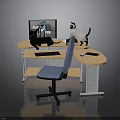 Home Office Desk with Monitor Keyboard Black and White Cats and Blue Chair