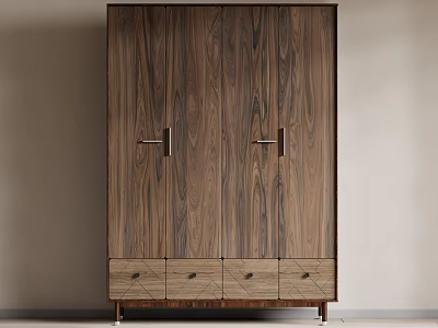 Modern Minimalist Walnut Wood Wardrobe With Double Doors Metal Handles And Bottom Drawers 3d model