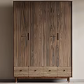 Modern Minimalist Walnut Wood Wardrobe With Double Doors Metal Handles And Bottom Drawers